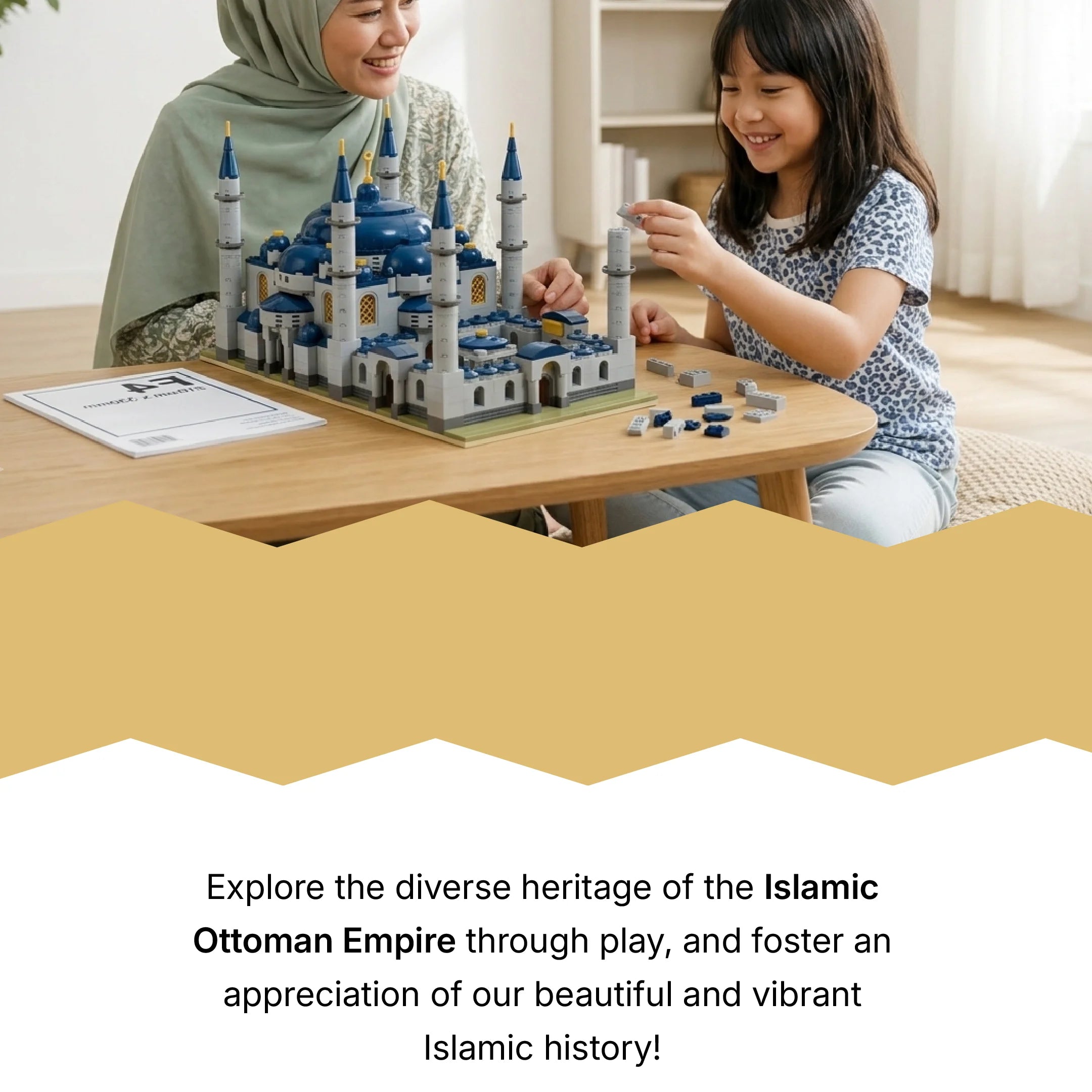 Family building the Sultan Ahmet Camii block toy together (mobile copy)