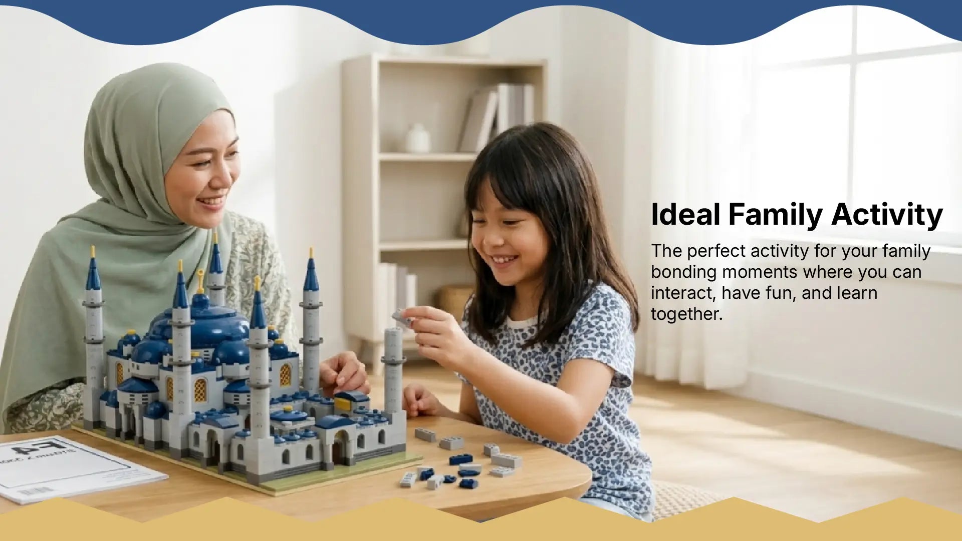 Family building the Sultan Ahmet Camii block toy together