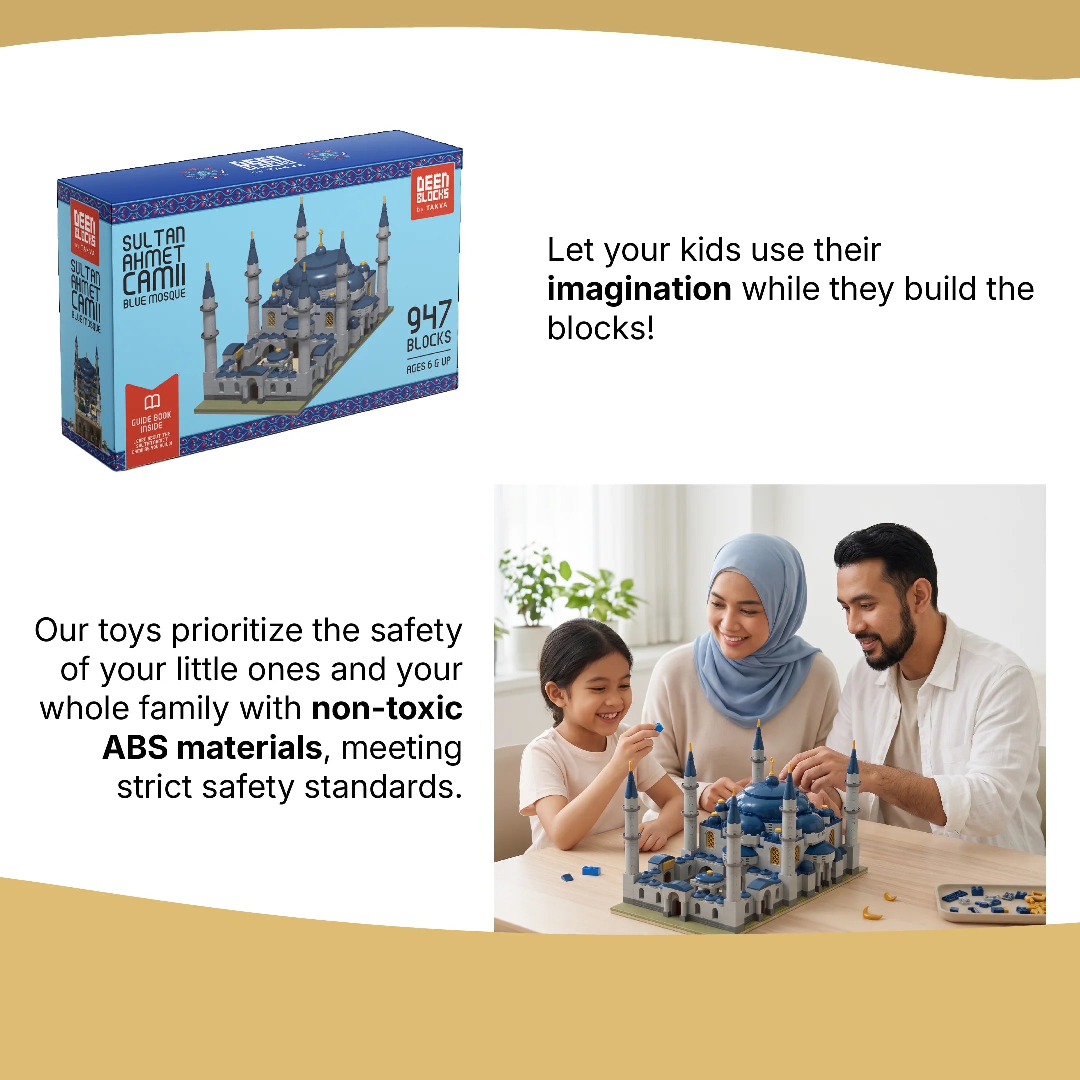 Sultan Ahmet Camii block toy packaging beside a family and building the set together (mobile copy)