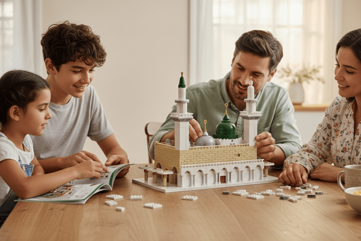 Family enjoying the TAKVA An Nabawi building blocks set, assembling the iconic mosque model together.