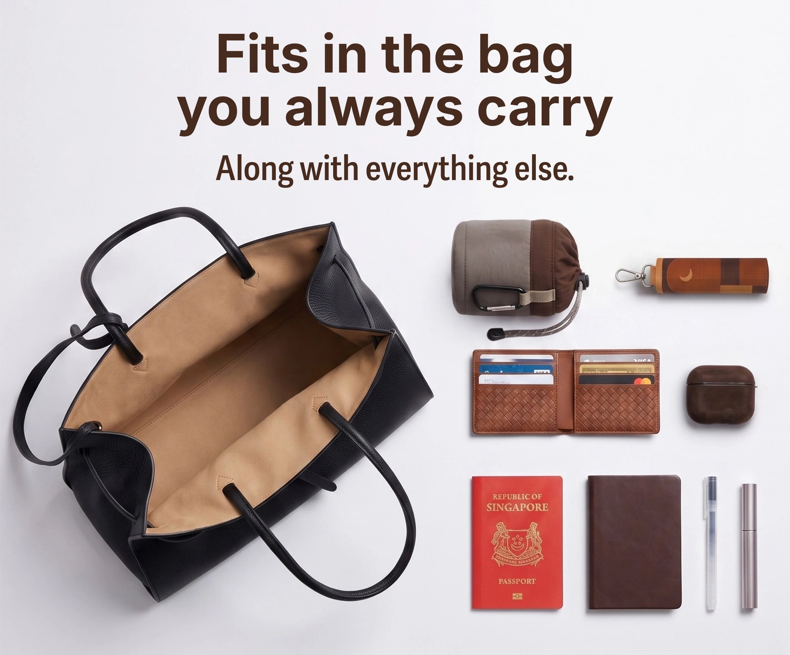 TAKVA SalahWear travel prayer dress pouch sitting inside an open black tote bag alongside a passport, wallet, wireless earbuds case, and pens — a compact prayer dress pouch that fits any everyday bag.