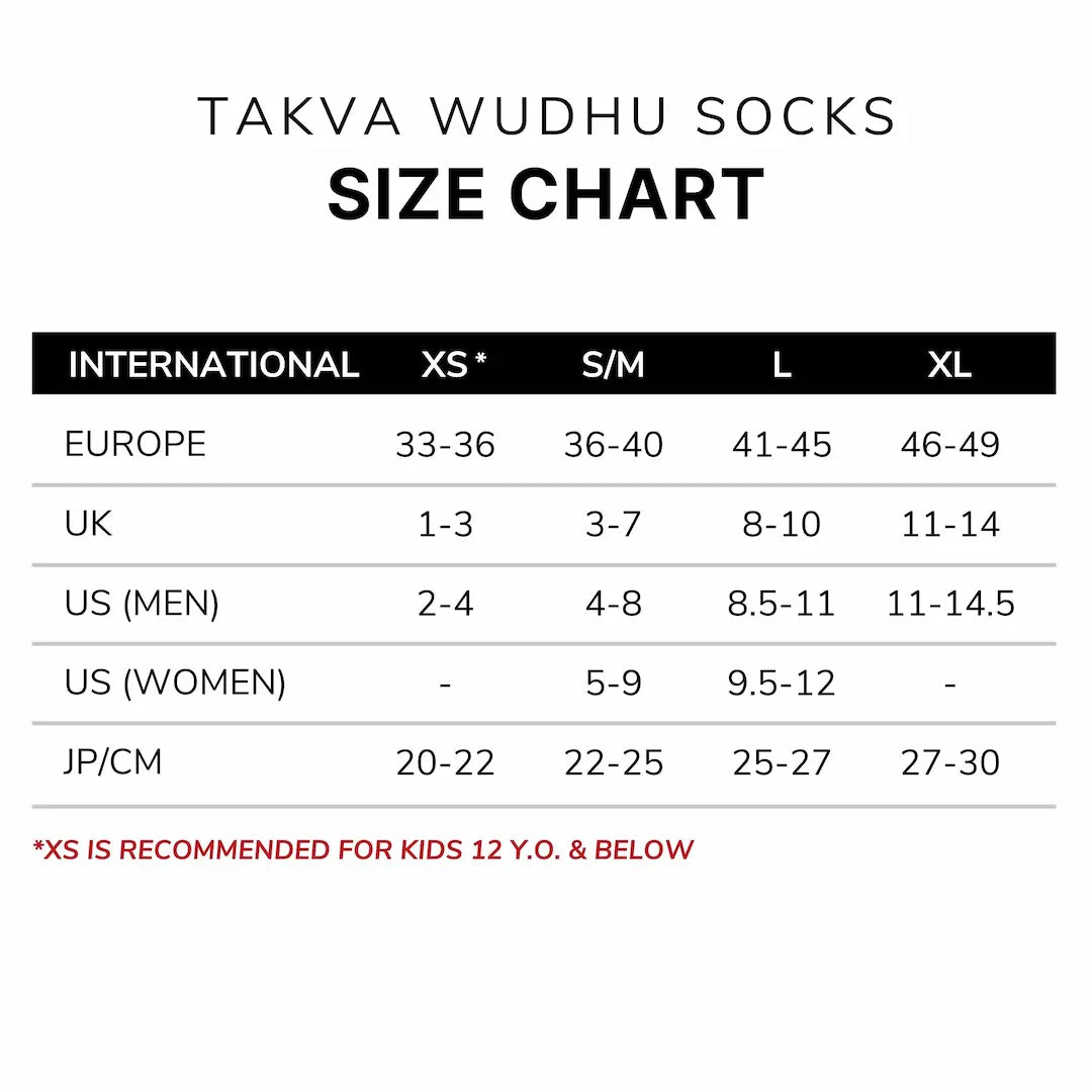 Size chart of Takva waterproof wudhu socks