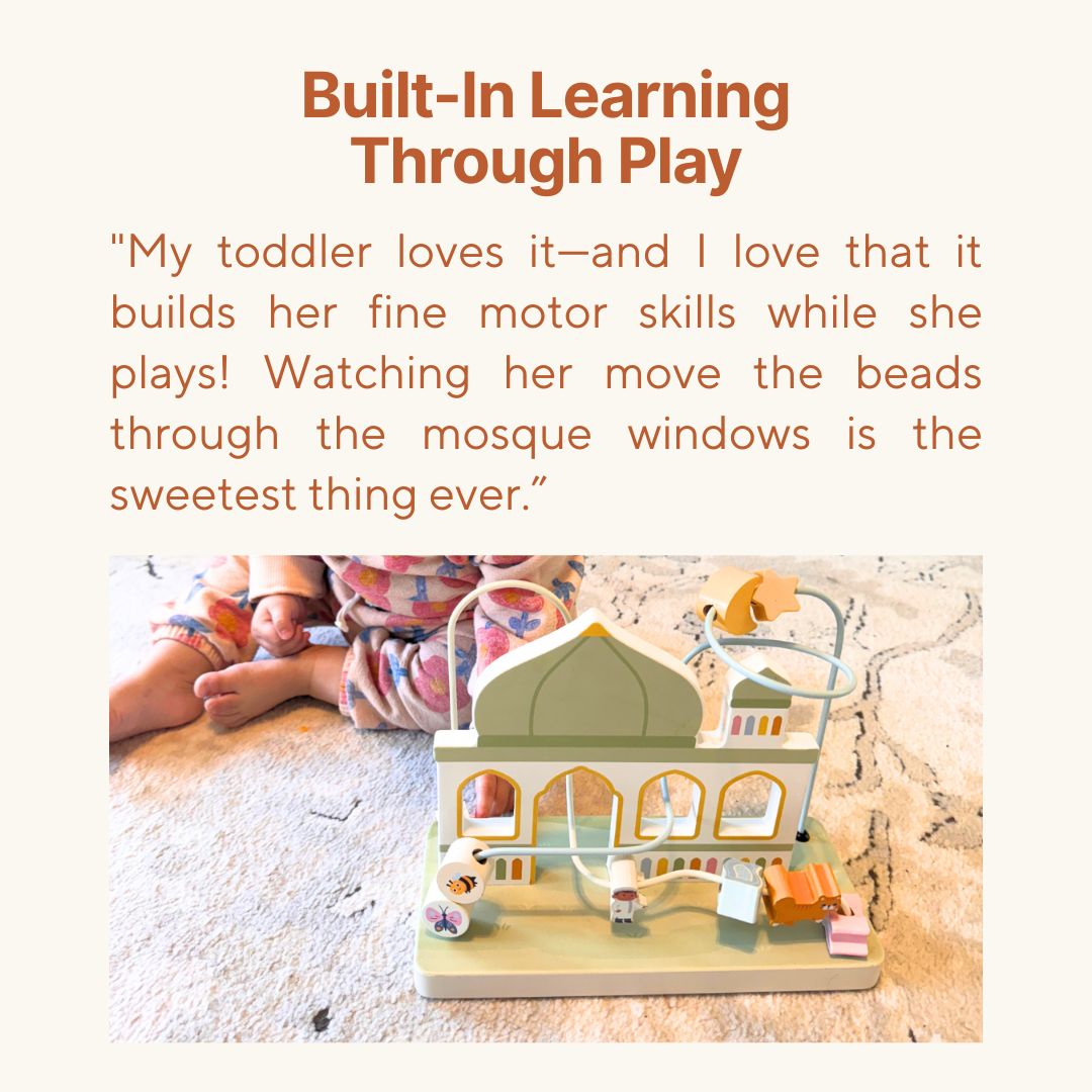 Child exploring Montessori masjid bead maze wooden toy in playroom