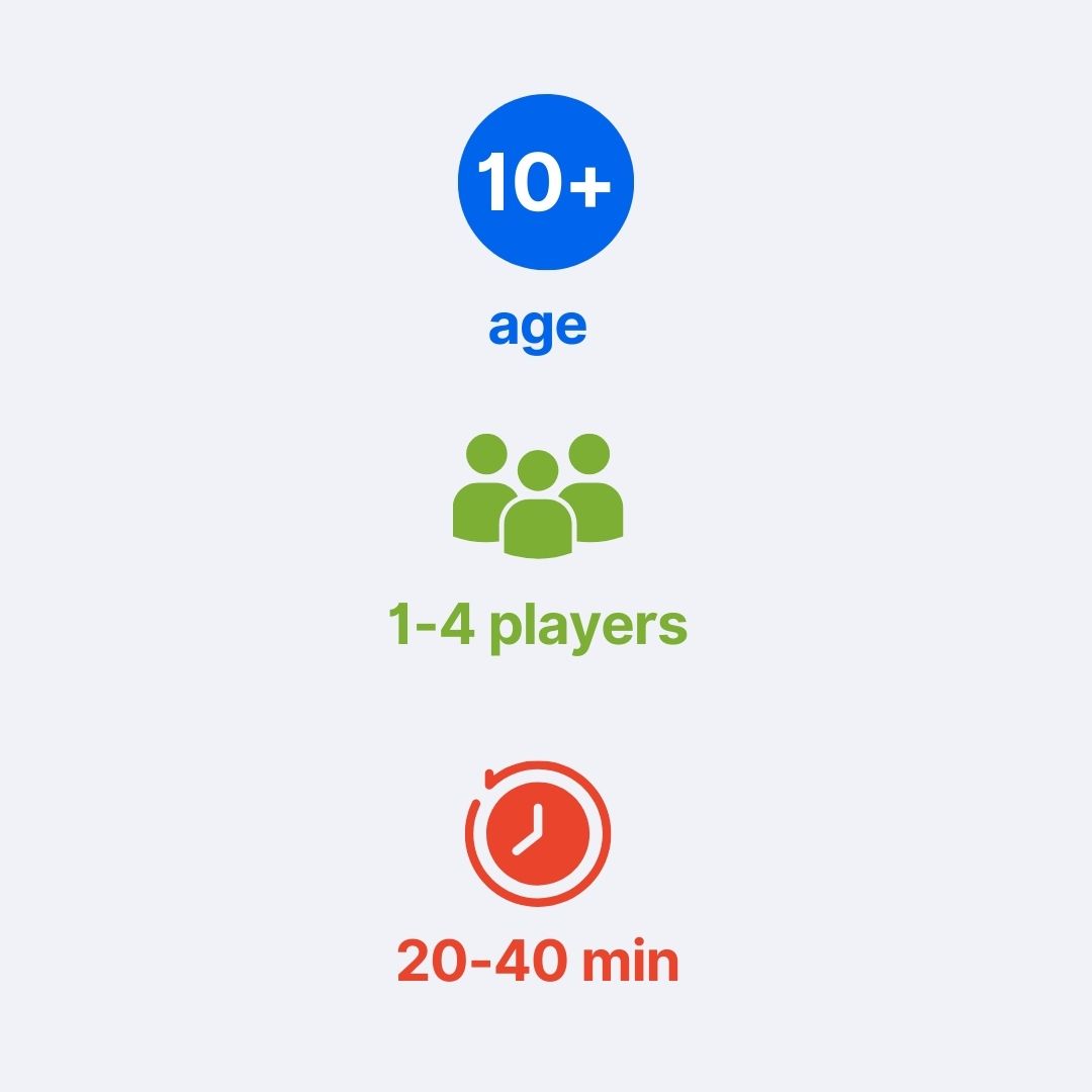 Usolli board game age, players, and playtime icons showing 10 plus, 1 to 4 players, 20 to 40 minutes