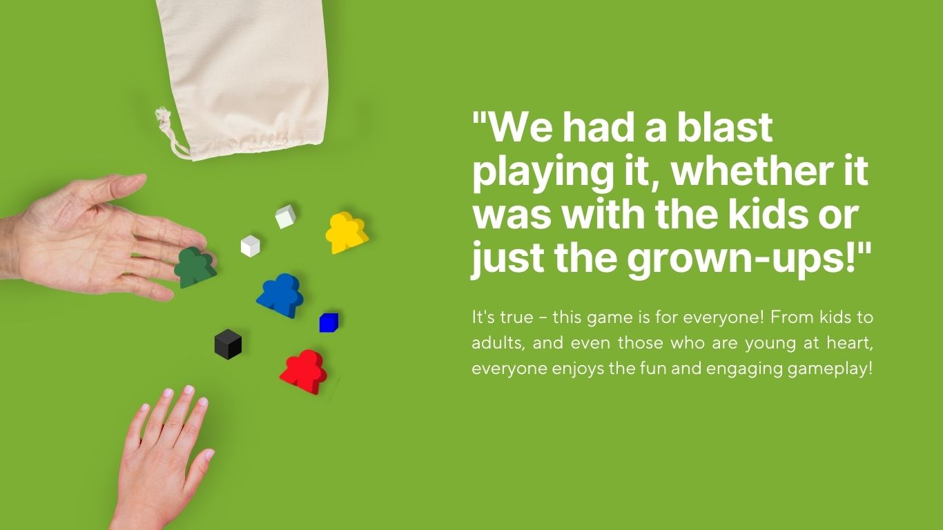 Hands playing Usolli board game with pawns and tokens, testimonial about family fun