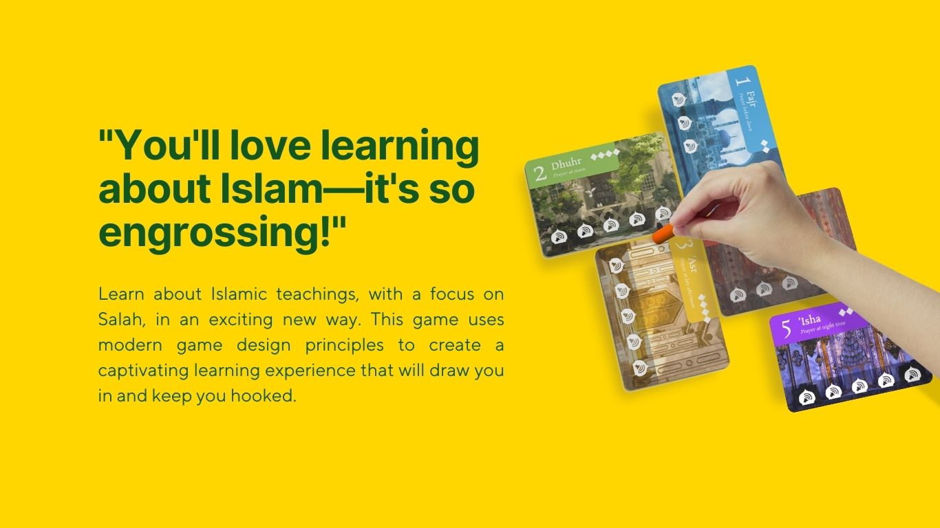 Player placing card in Usolli Islamic board game highlighting Salah learning