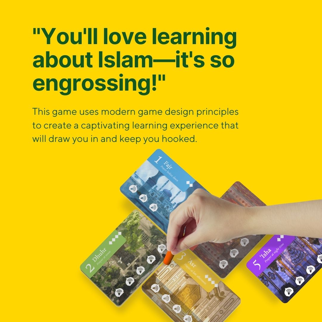 Player placing card in Usolli Islamic board game highlighting Salah learning