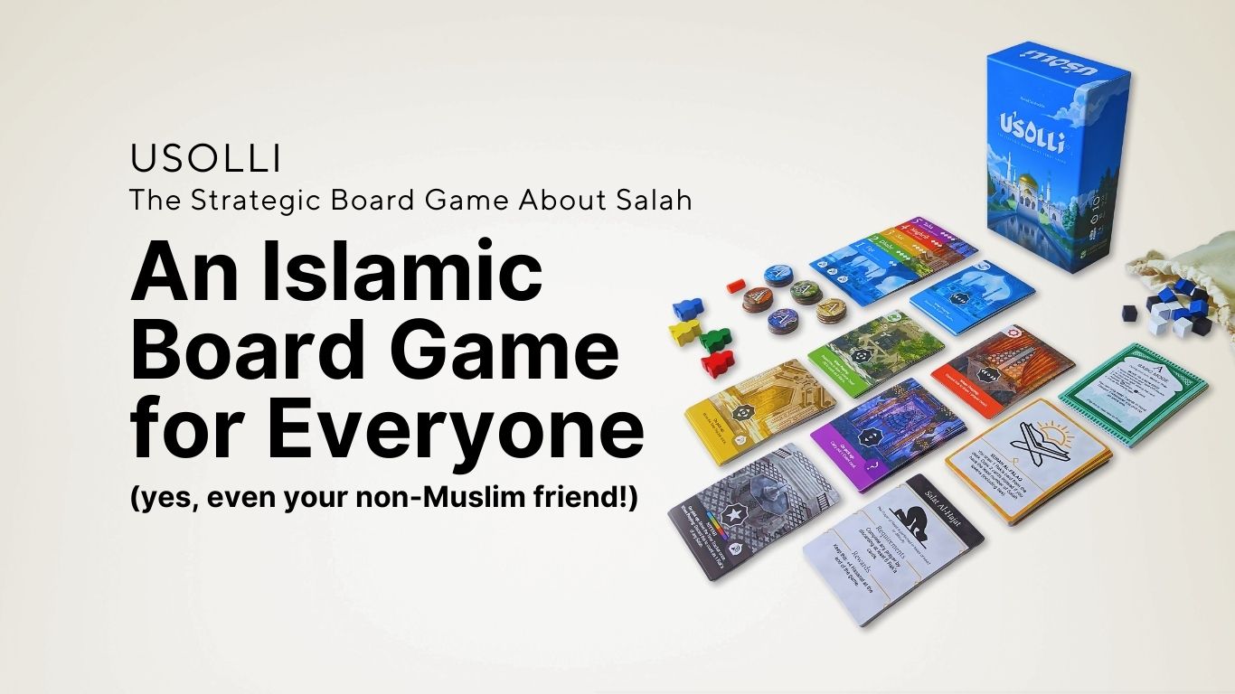 Usolli Islamic board game with box, cards, pawns, and tokens laid out