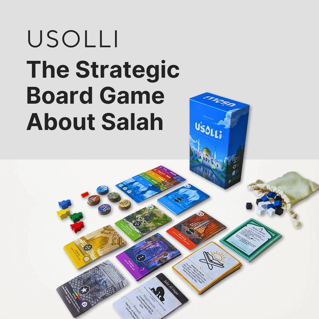 Usolli Islamic board game with box, cards, pawns, and tokens laid out