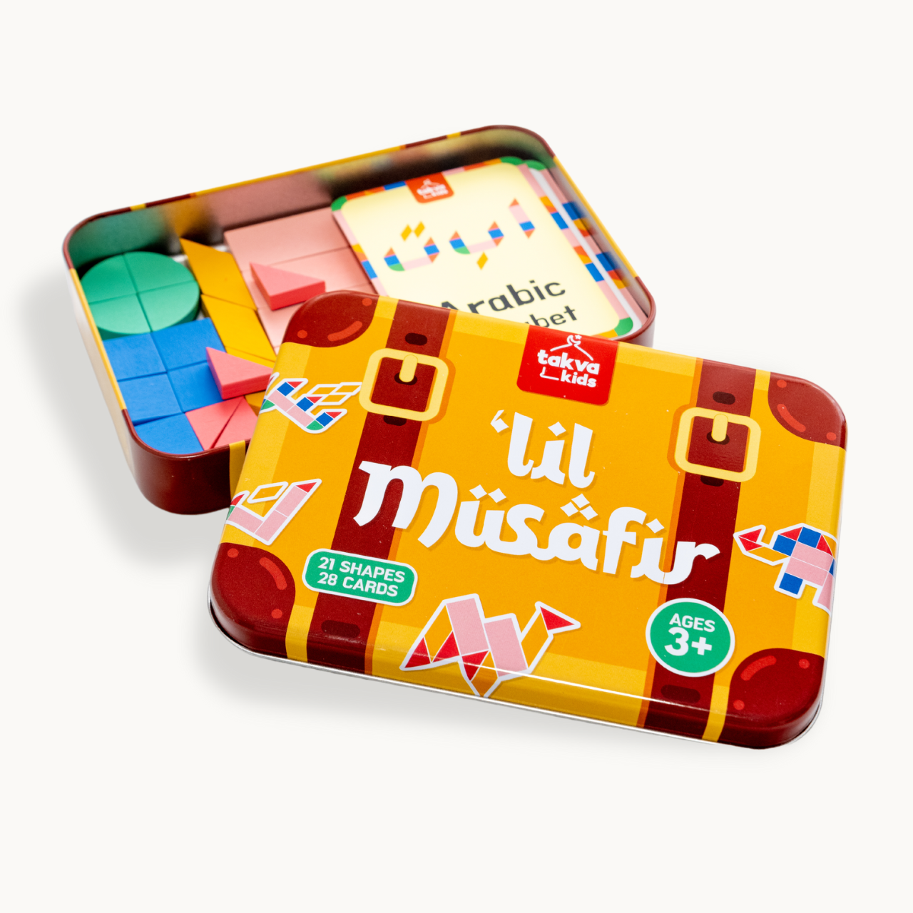 Image of the wooden box containing the puzzle set: "Wooden-magnetic Arabic alphabet puzzle set - a fun and interactive way for kids to learn the Arabic alphabet. Includes 28 puzzle cards and a wooden box for easy storage