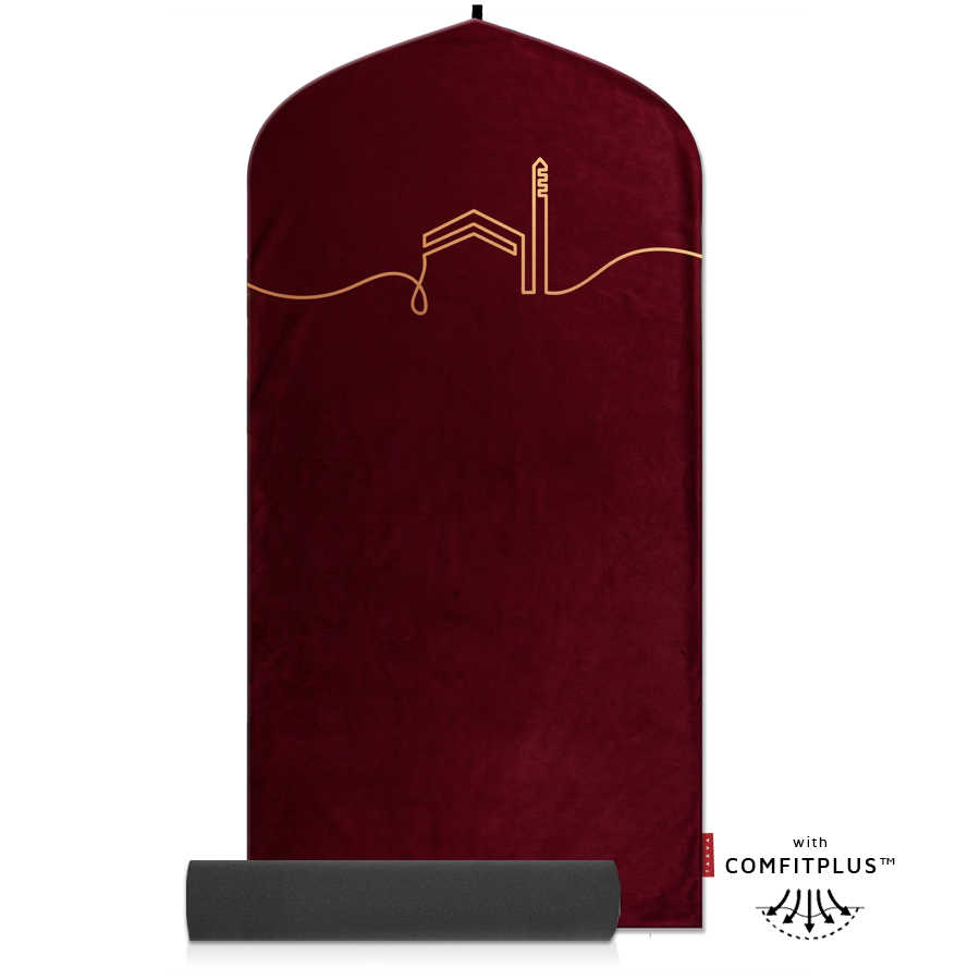 Burgundy EasiClean™ Kaaba Prayer Mat with minimalist Kaaba line art and removable ComfitPlus™ padding by TAKVA