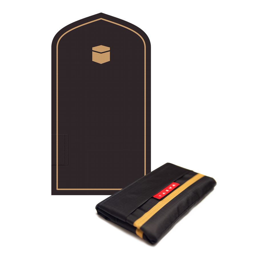 Image of the prayer mat being used outdoors: "Portable prayer mat - take your Islamic prayer mat with you wherever you go, thanks to its lightweight and compact design."