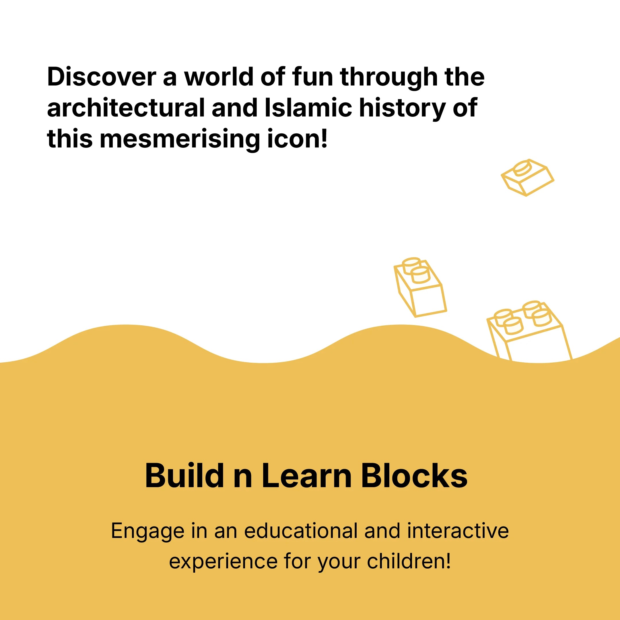 Promotional graphic of dome of the rocks which includes a text with blocks graphics and a yellow accent color.