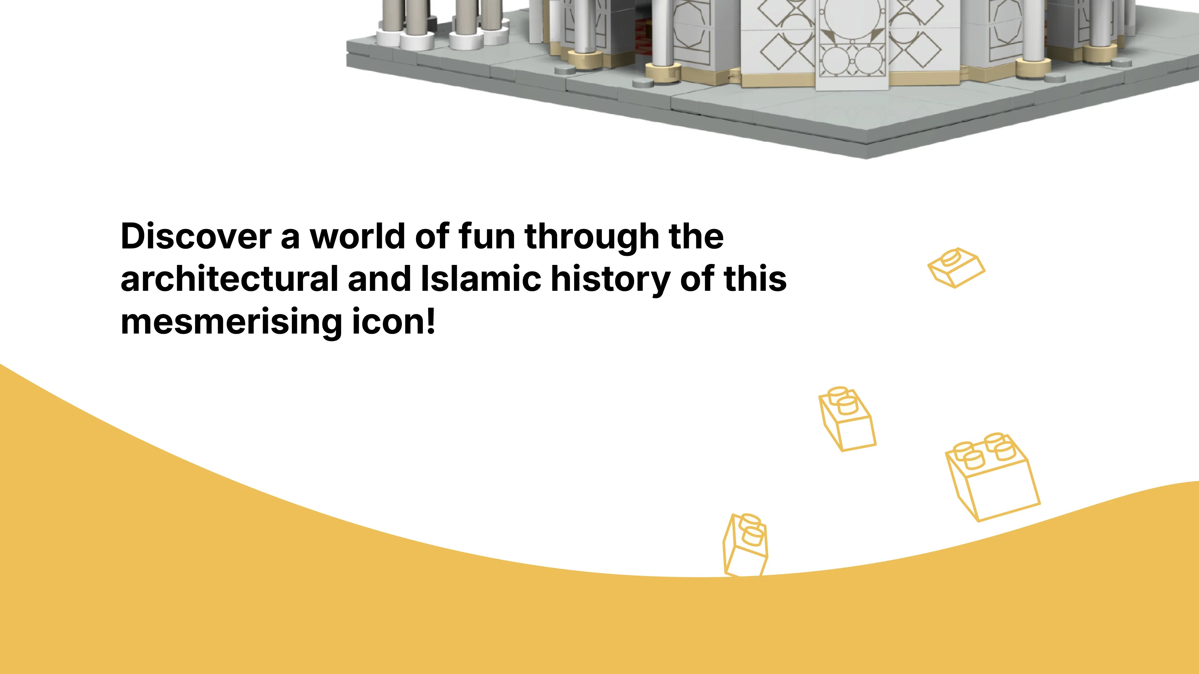 Promotional graphic of dome of the rocks which includes a text with blocks graphics and a yellow accent color.