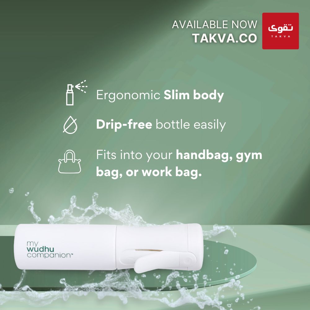 White bottle with water splash on a green background, featuring text about ergonomic design and portability.