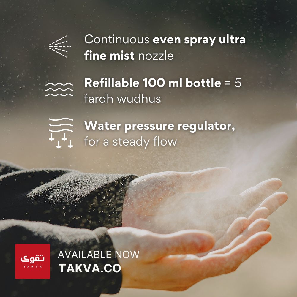 Hand being washed with a spray device, showing features and benefits on a dark background.