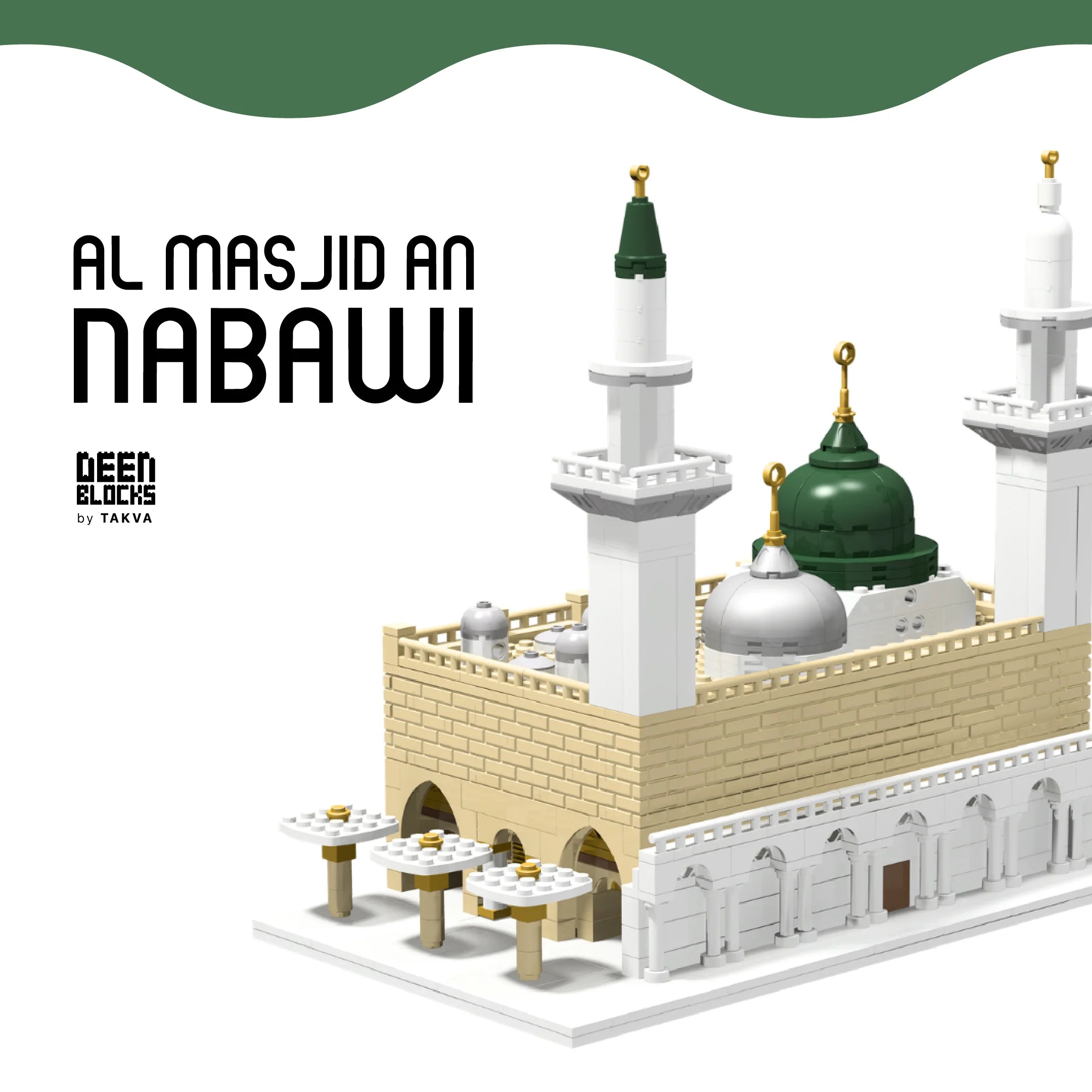 Close-up render of the An-Nabawi block toy — minarets, green and silver domes, and courtyard canopies — under the Al Masjid An-Nabawi title and DeenBlocks by Takva logo (mobile copy)