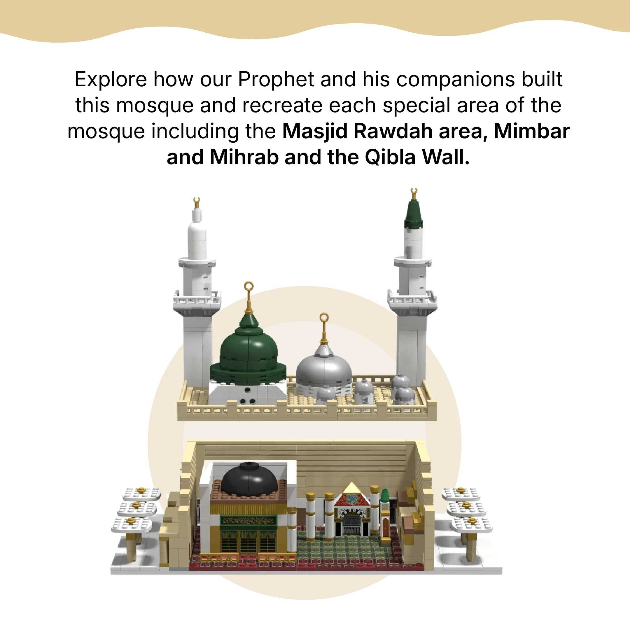 Illustration showing the interior detail of the An-Nabawi block toy, including the Rawdah and Mihrab (mobile copy)