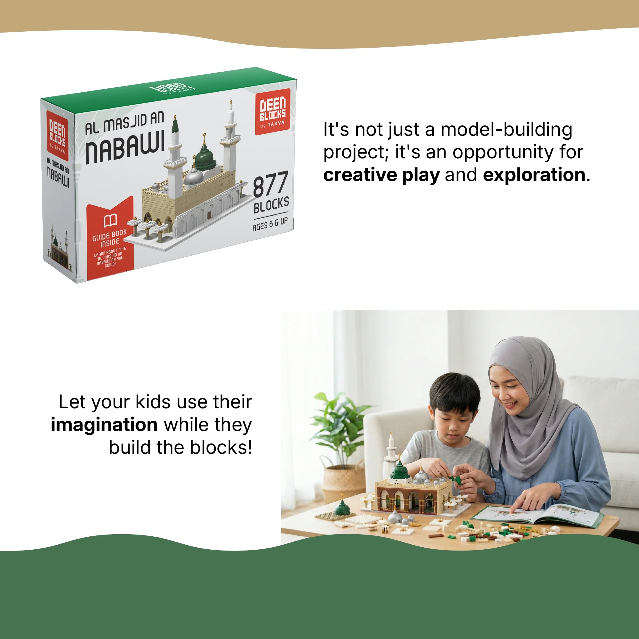 An-Nabawi block toy packaging (877 blocks, guidebook included, ages 6+) beside a parent and child building the set together (mobile copy)