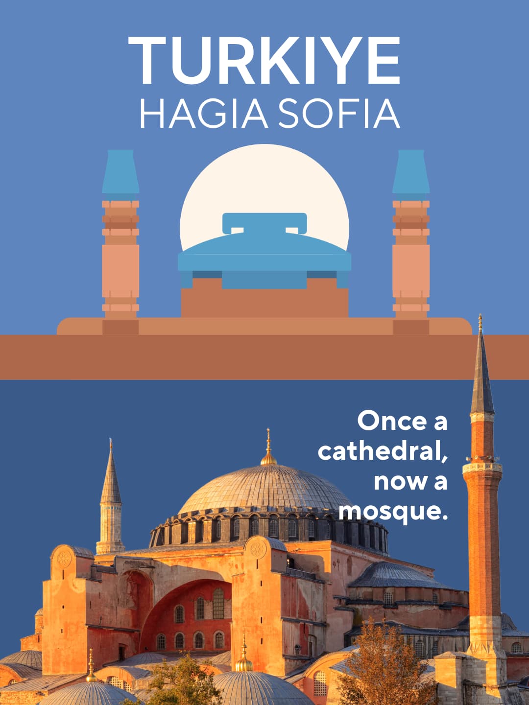 Ayasofya in Istanbul, Türkiye, glowing at golden hour with its vast dome and tall minarets above the trees, the landmark behind the DEENBLOCKS Mini (mobile copy)