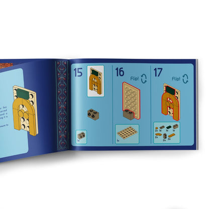 Blue Mosque Build & Learn Blocks guidebook spread — detailed history of the mihrab with illustrated build steps.