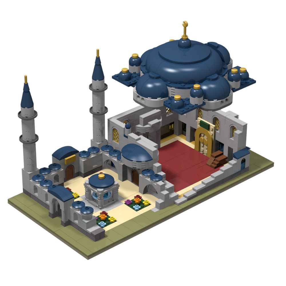 Blue Mosque Build & Learn Blocks showing interior layout with mihrab, minbar, domes, and fountain.