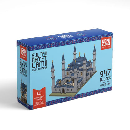 Blue Mosque Build & Learn Block set packaging — 947 pieces, ages 6+, with heritage guidebook inside.