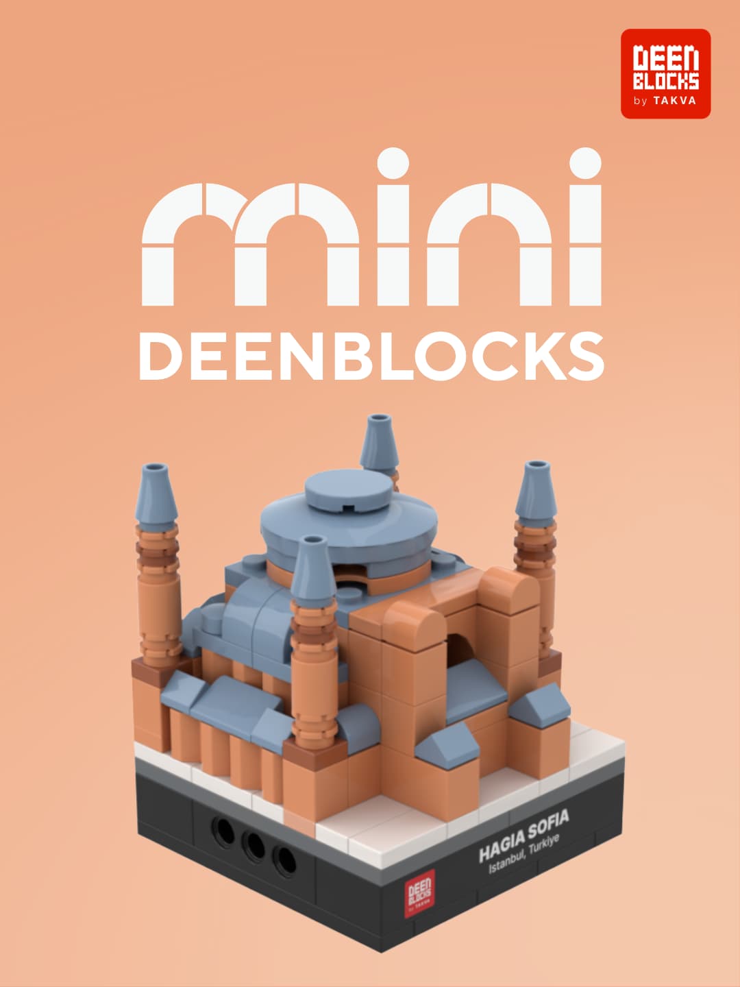 DEENBLOCKS Mini Ayasofya, a small brick replica of Istanbul's great domed mosque with its four minarets on a nameplate base (mobile copy)