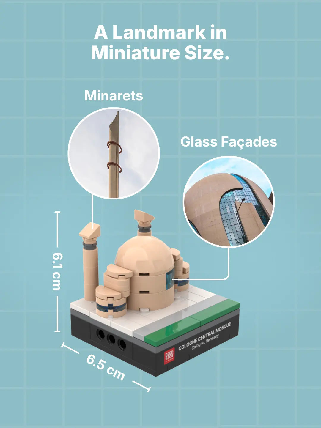 DEENBLOCKS Mini Cologne Mosque shown at 6.1 cm high and 6.5 cm across, a palm-size piece compared with real photos of the ringed minaret and glass-fronted shell (mobile copy)