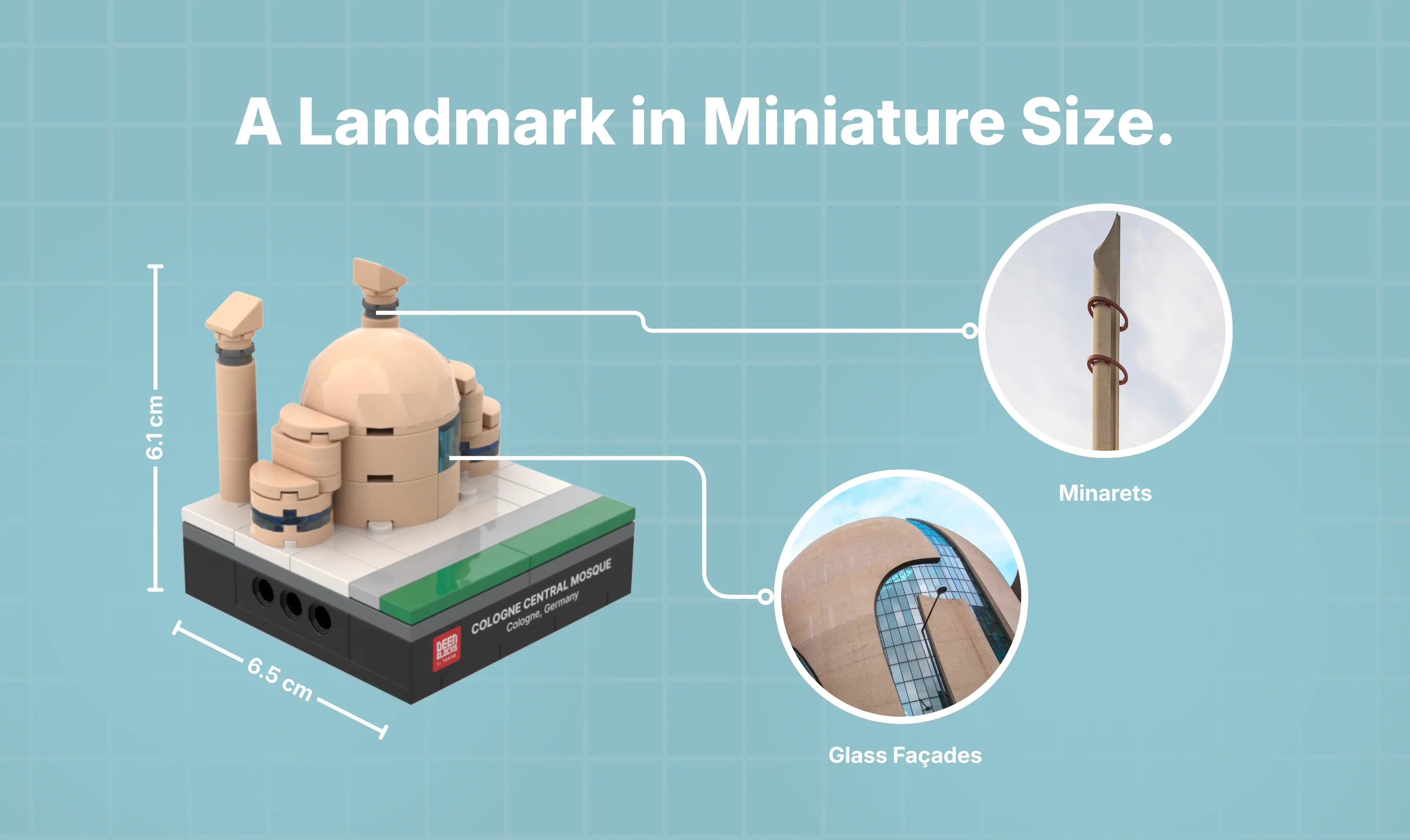 DEENBLOCKS Mini Cologne Mosque shown at 6.1 cm high and 6.5 cm across, a palm-size piece compared with real photos of the ringed minaret and glass-fronted shell