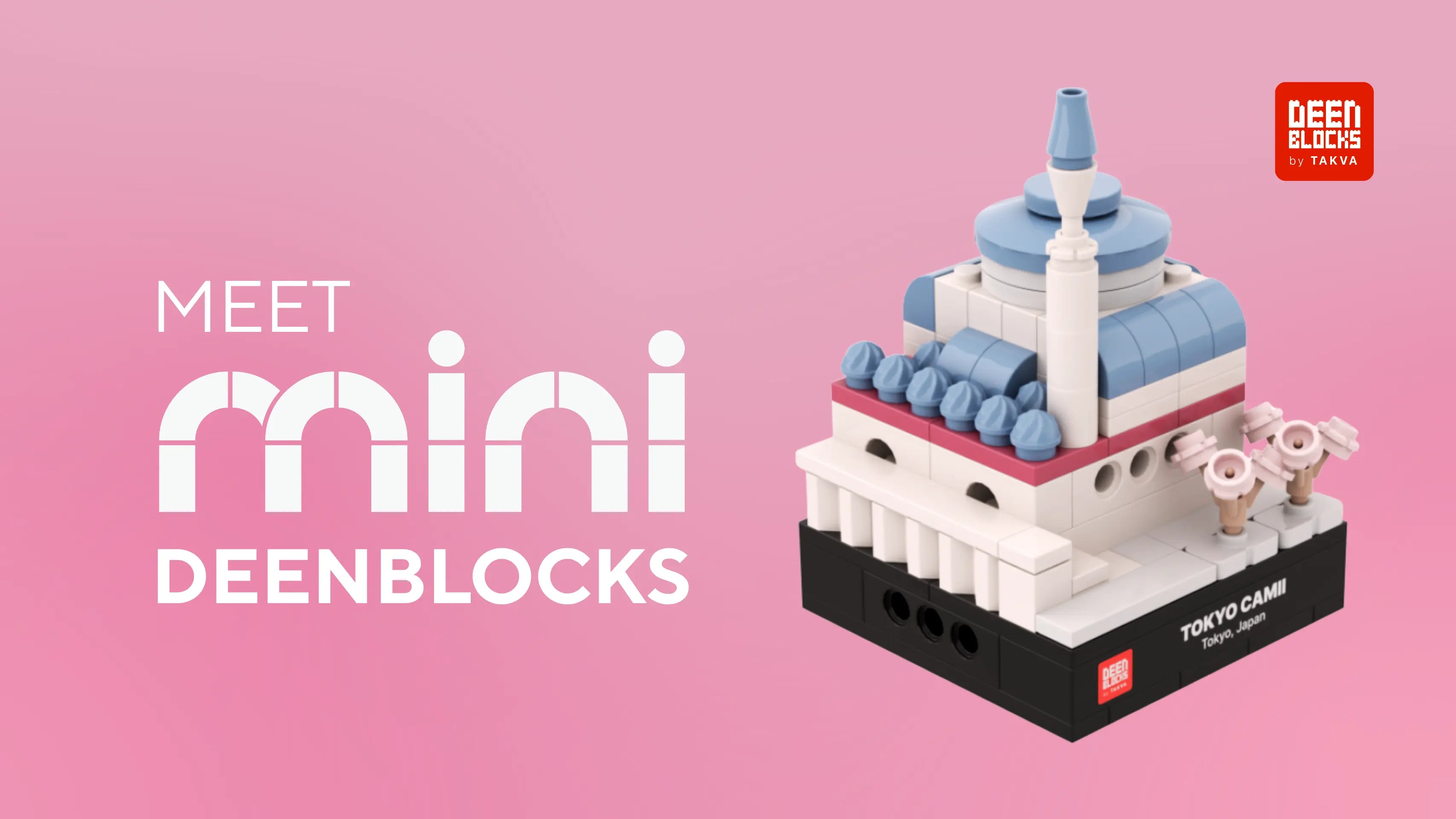 DEENBLOCKS Mini Tokyo Camii, a small brick replica of the Shibuya mosque with blue domes, a white minaret and sakura trees on a black nameplate base