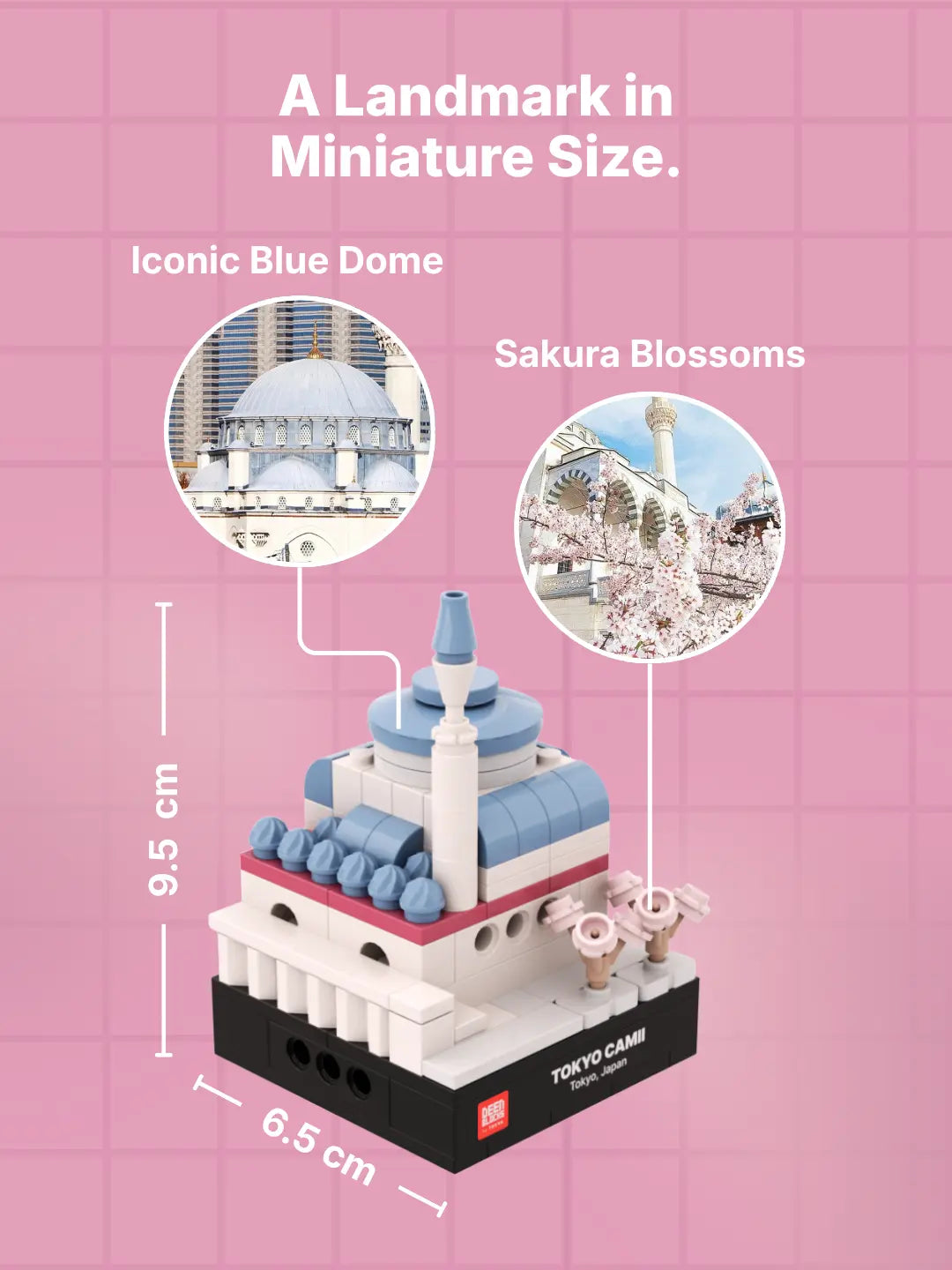 Mini Tokyo Camii shown at 8.5 cm high and 6.5 cm across, compared with real photos of the mosque's blue dome and spring sakura (mobile copy)