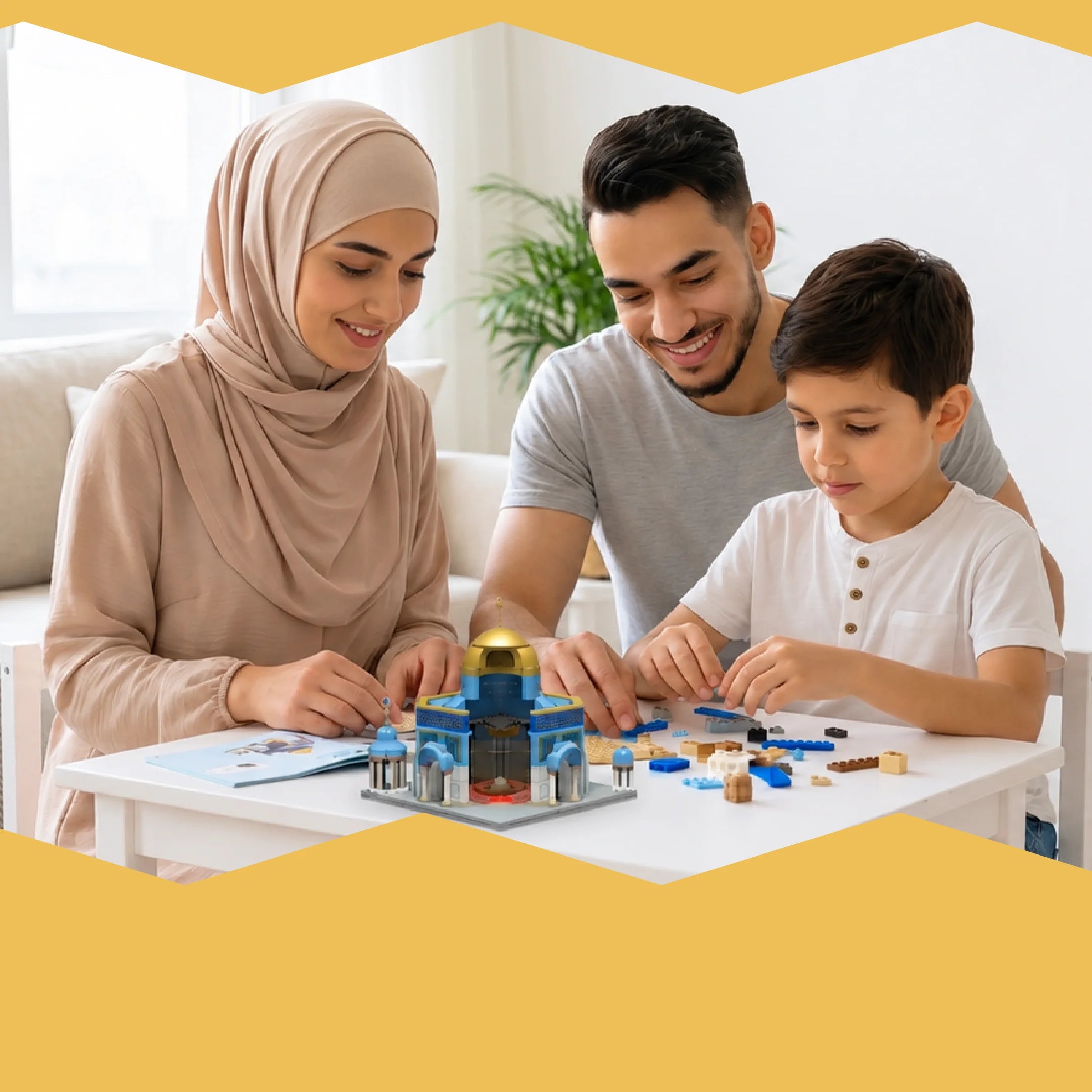 Family building the Dome of the Rock block set together at home