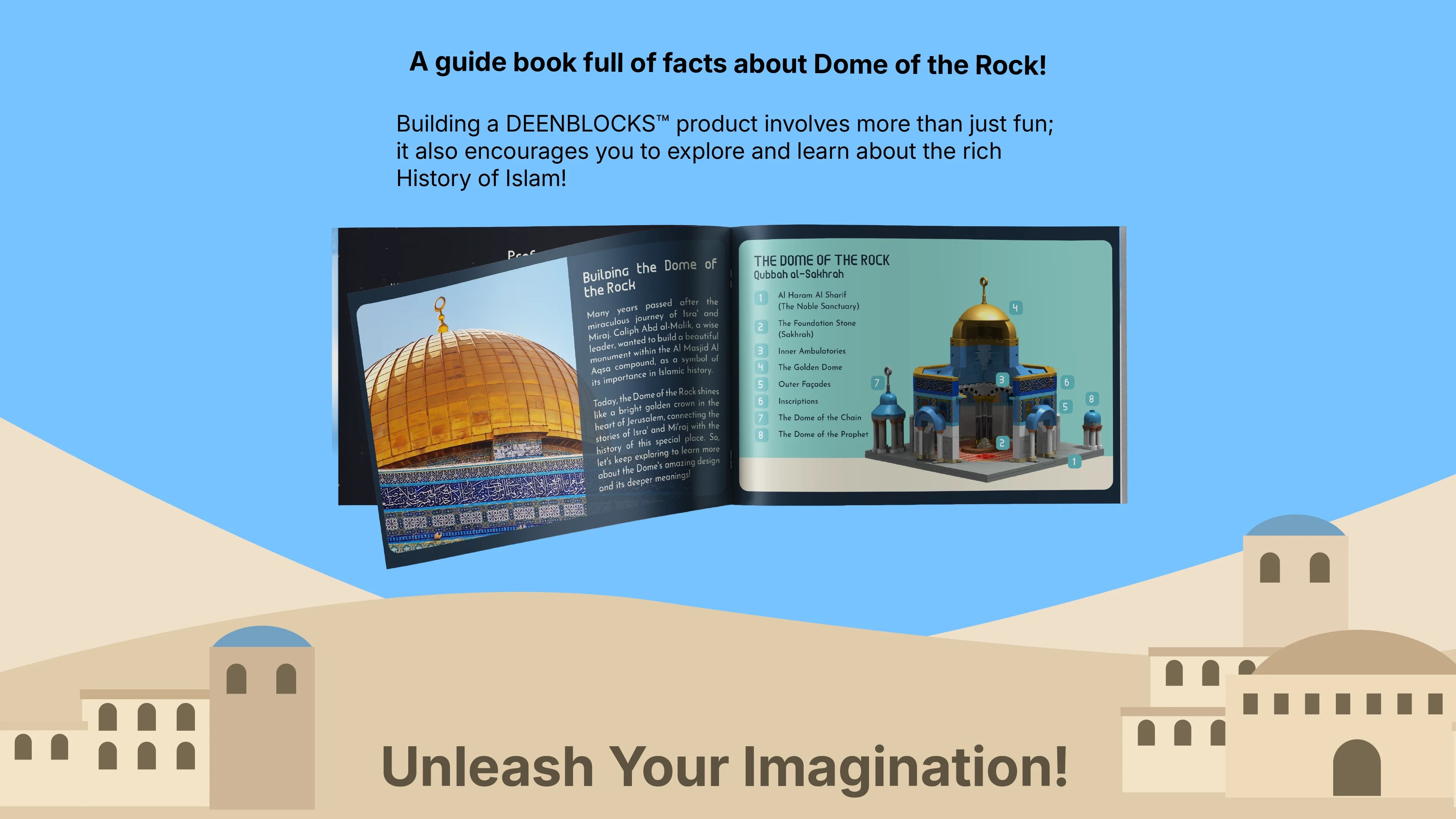 What's included in the Dome of the Rock building blocks box. Guide book