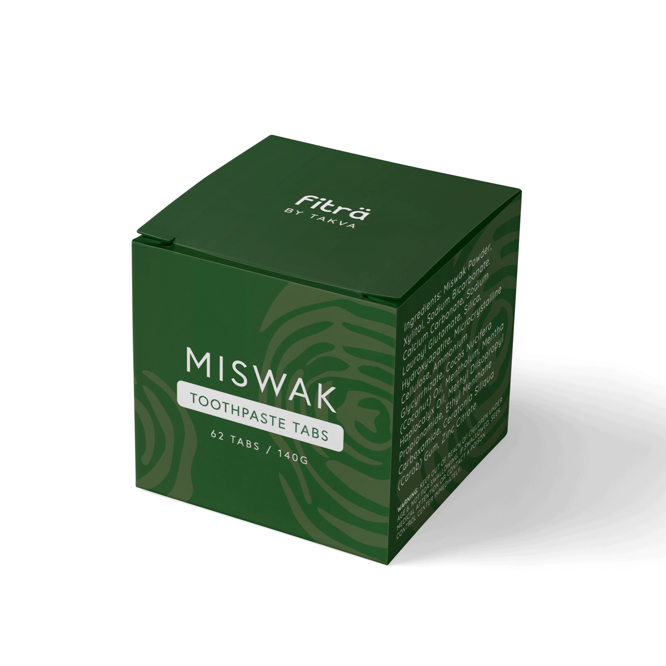 Box packaging of Fitra miswak toothpaste tablets with ingredients listed