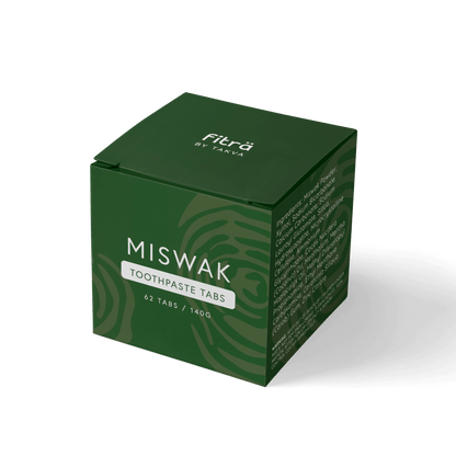 Box packaging of Fitra miswak toothpaste tablets with ingredients listed