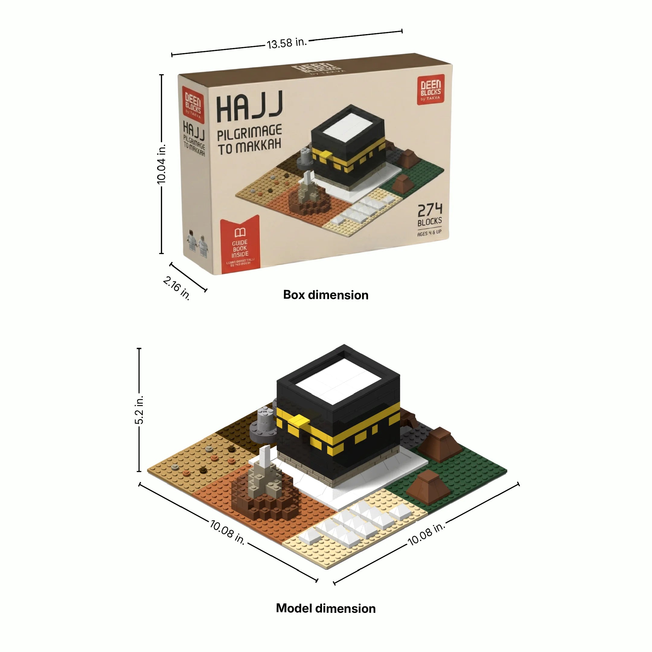 Assembled dimensions of the TAKVA Hajj Pilgrimage building block toy (mobile crop)