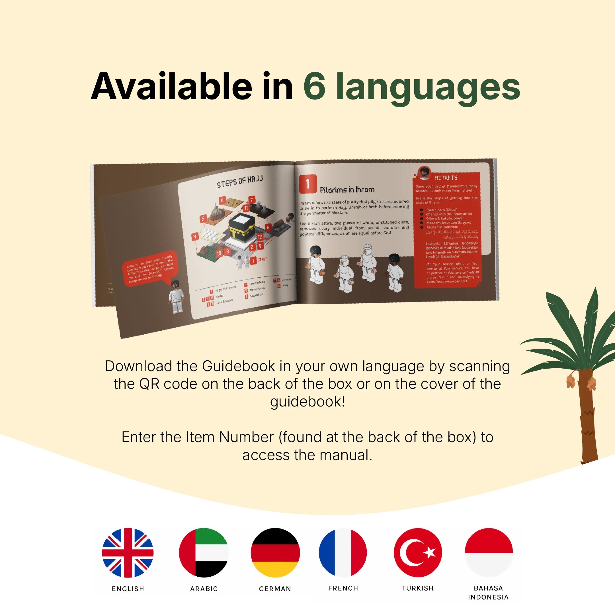 TAKVA Hajj Pilgrimage building block toy manual available in multiple languages (mobile crop)