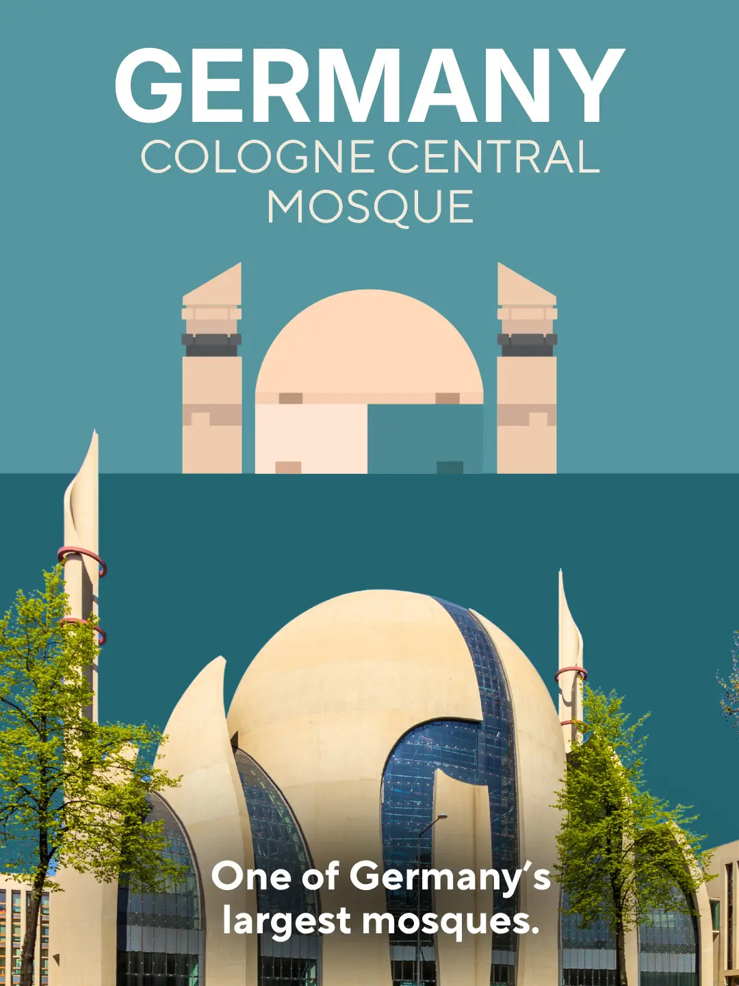 Photo of the mosque in Cologne, Germany, with layered concrete shells and blue glass panels between trees, the landmark behind the DEENBLOCKS Mini (mobile copy)