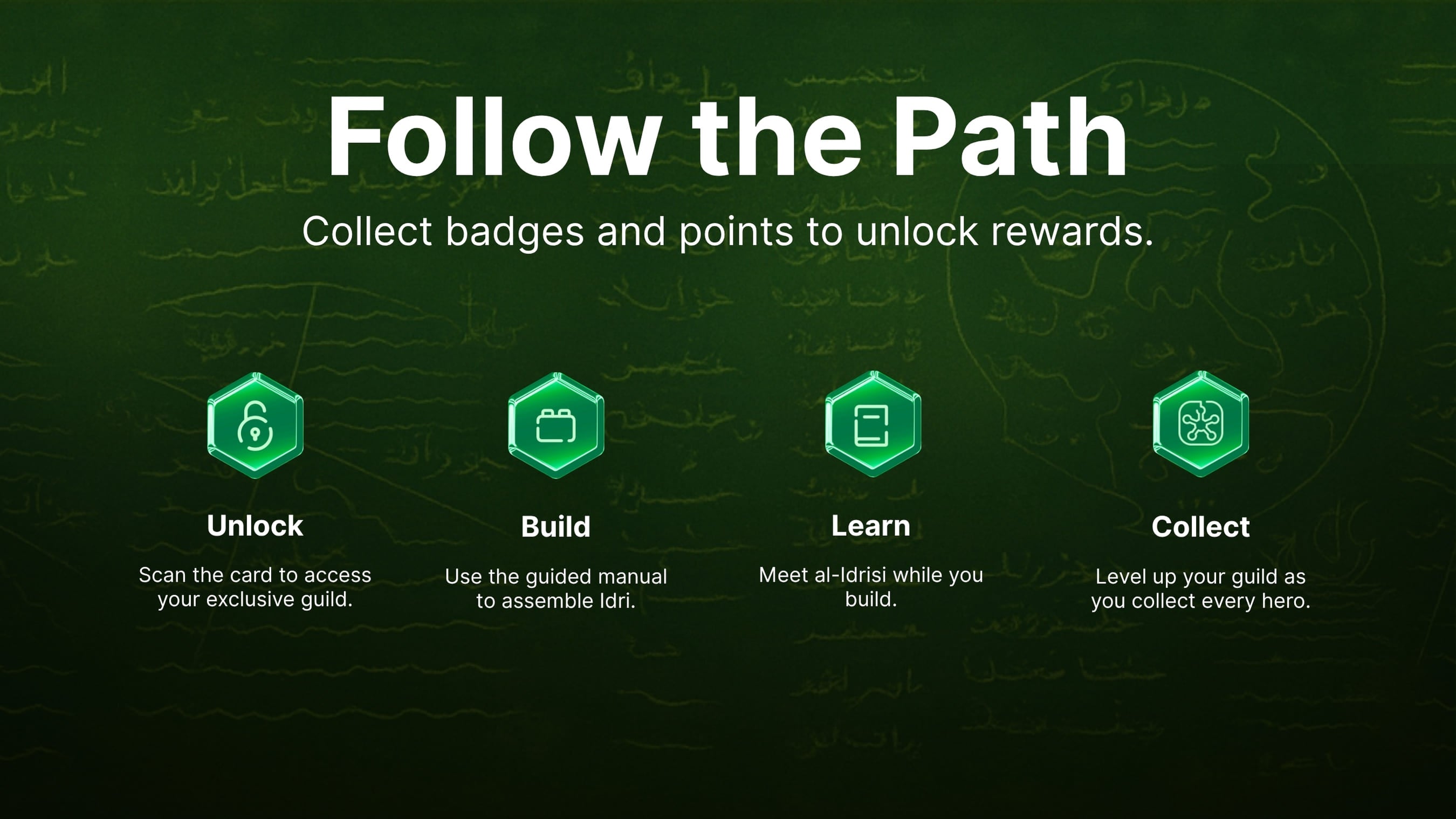 Follow the path to collect badges and points to unlock rewards for Idri. Unlock, build manual, learn and collect.