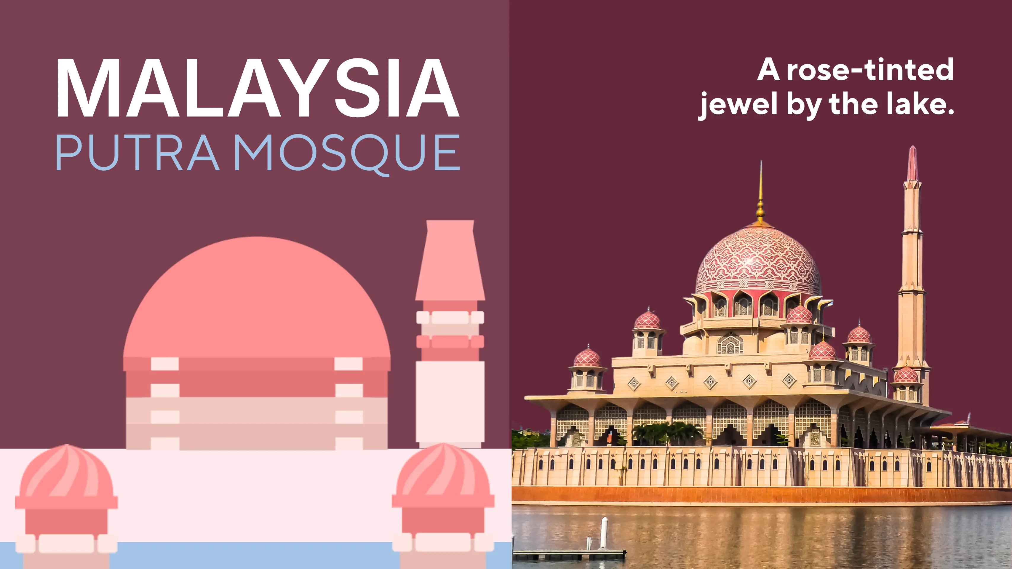 Masjid Putra in Putrajaya, Malaysia, at golden hour with its pink dome and tall minaret mirrored in the lake, the landmark behind the DEENBLOCKS Mini