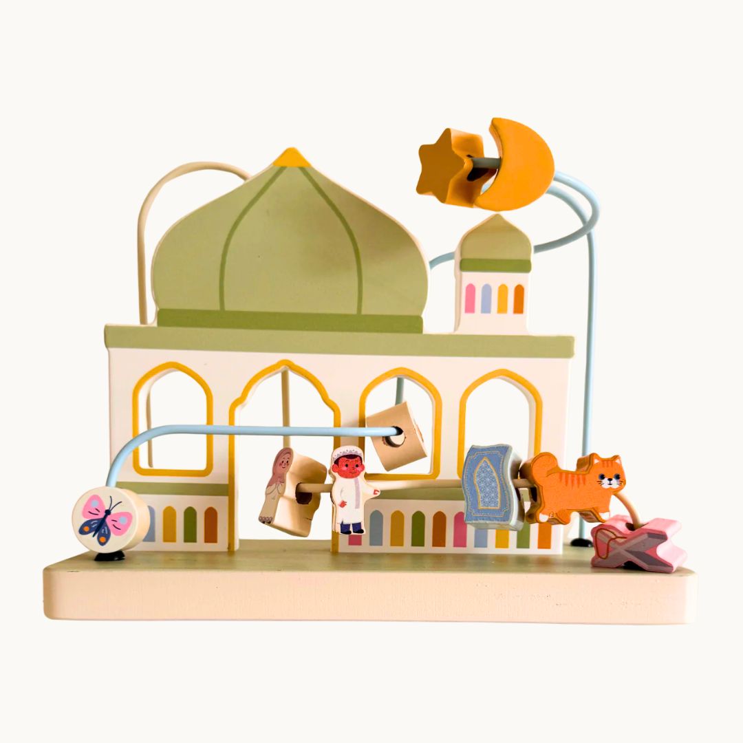 Montessori wooden masjid bead maze toy shaped like a mosque with dome and minarets