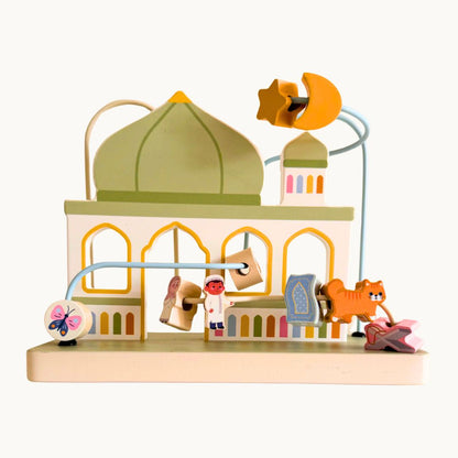 Montessori wooden masjid bead maze toy shaped like a mosque with dome and minarets