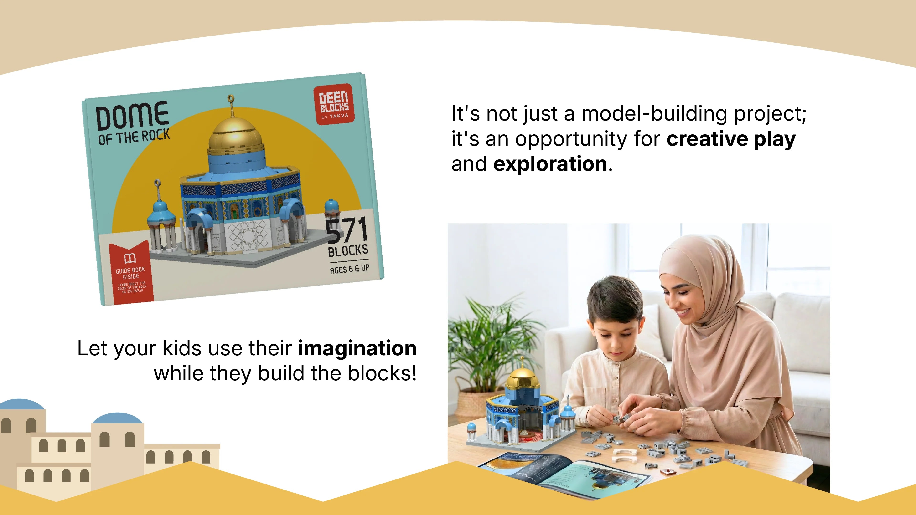 Parent and child building the Dome of the Rock block set together