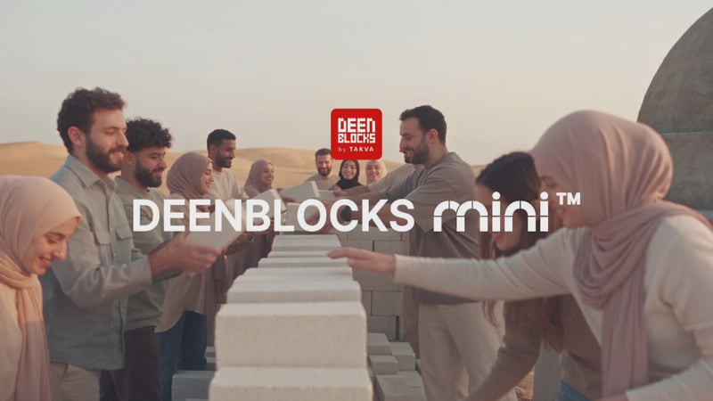 TAKVA Deenblocks Mini video: Muslim brothers and sisters build a mosque together, block by block, because every Mini you buy helps build a real mosque. Shown with the Dome of the Rock Mini being built at home and all 8 Islamic desk decor designs.