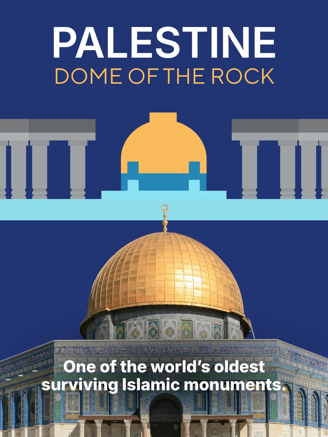 Photo of Qubbat al-Sakhra in Al Quds, Palestine, with its gold dome and blue mosaic tiles under a clear sky, the landmark behind the DEENBLOCKS Mini (mobile copy)