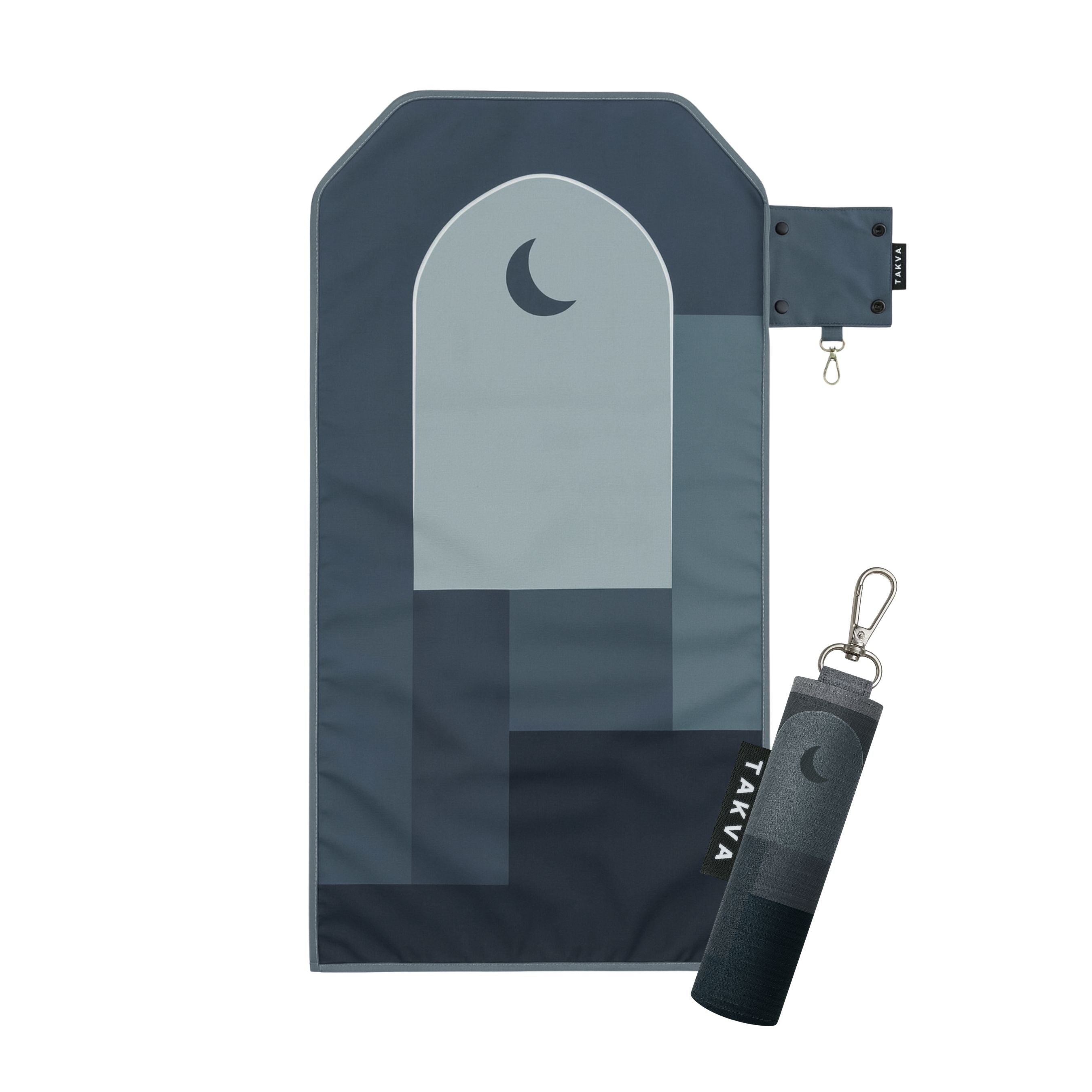 SalahTag Keychain portable prayer mat in charcool black color, open and closed versions