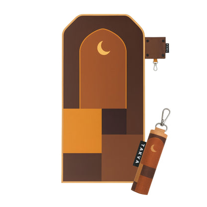 Caramelt SalahTag portable prayer mat flat lay with rolled keychain version