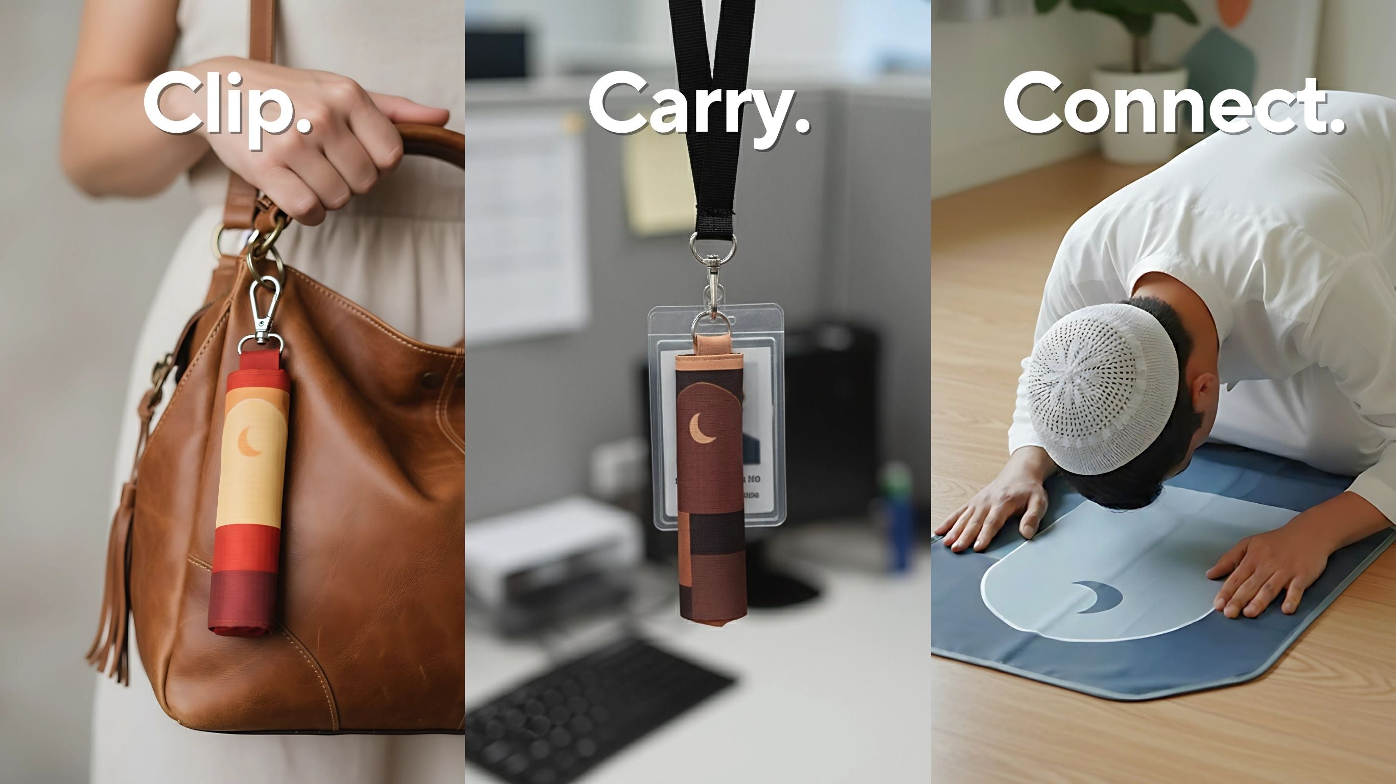 Lifestyle images showing SalahTag portable prayer mat clipped to a bag, worn on a lanyard, and used for prayer
