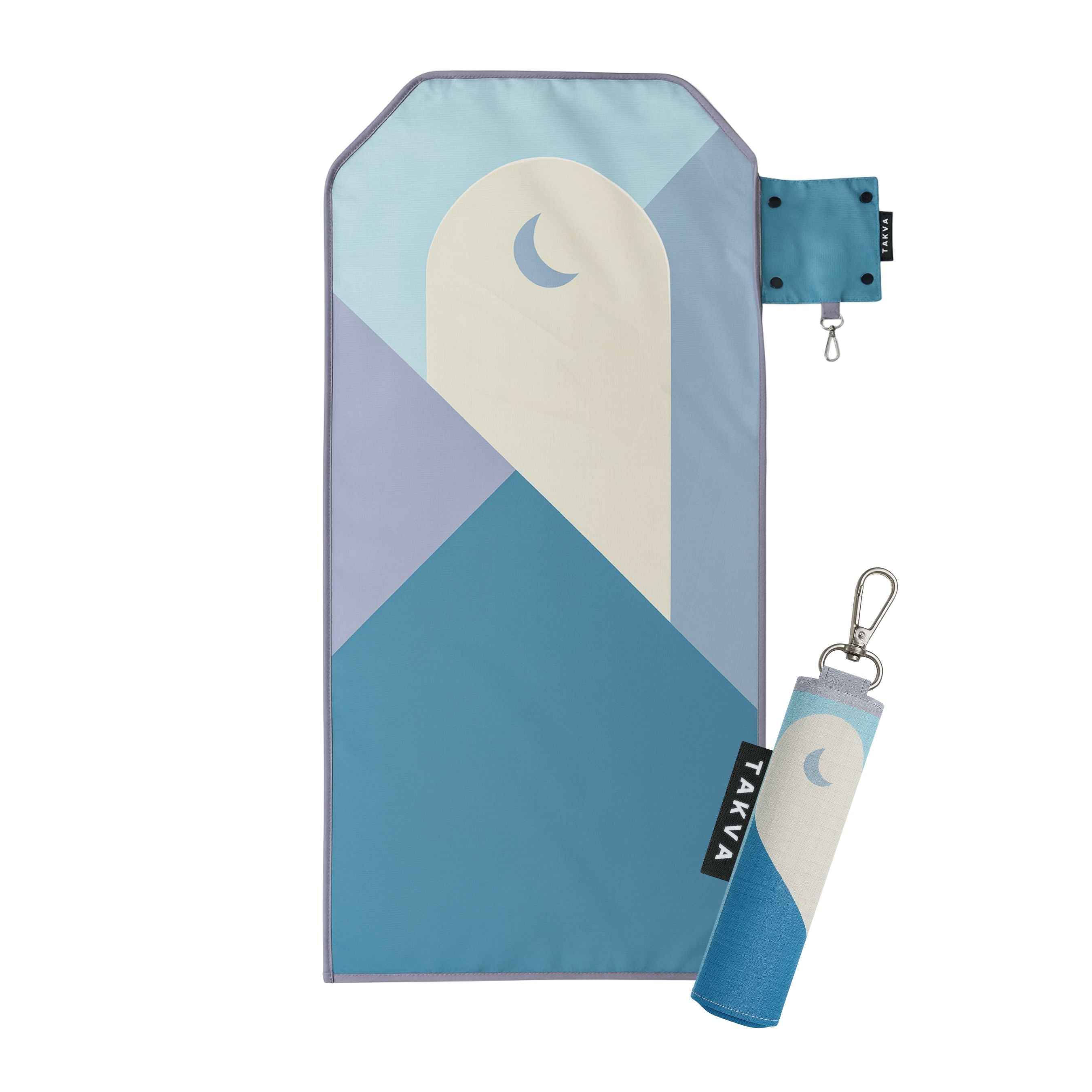 Frostbyte SalahTag portable prayer mat flat lay with rolled keychain version